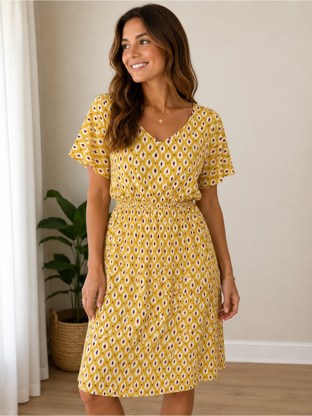 Soprano Yellow Midi Dress Womens Medium Elastic Waist Gently Worn
